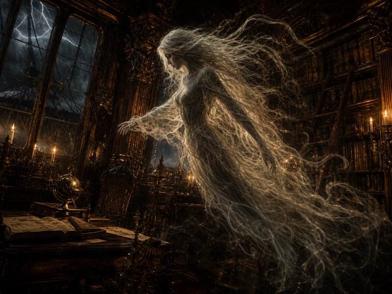 Translucent ethereal female ghost floats through a candlelit ornate antique library during a stor...
