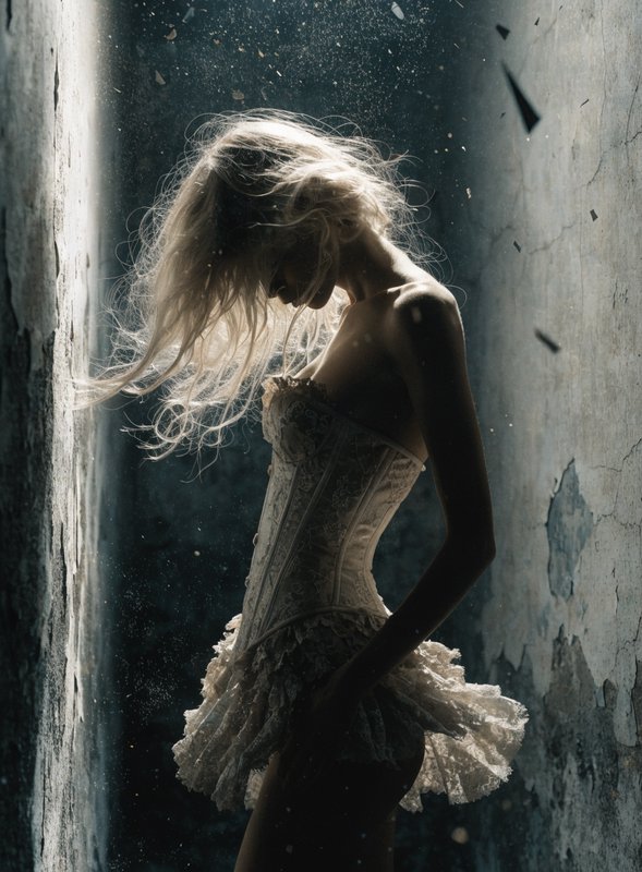 Backlit silhouetted blonde woman in lace corset tutu stands between cracked concrete walls, head ...