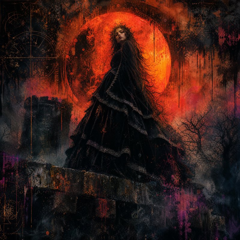 Gothic woman in tiered black lace gown stands on castle ruins before a glowing massive blood red ...