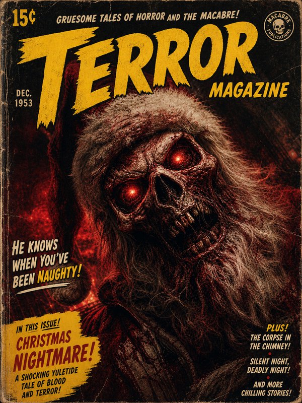 Vintage December 1953 Terror Magazine cover featuring a terrifying skeletal zombie Santa with glo...
