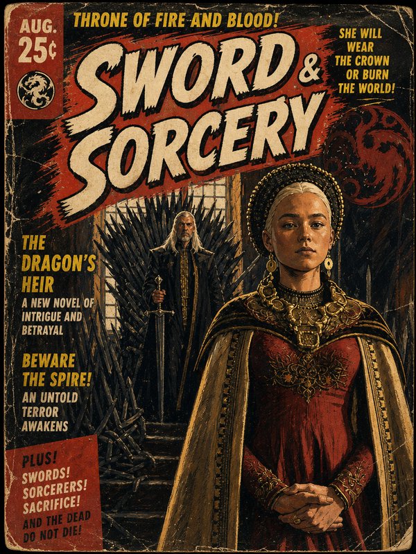 Vintage "Sword & Sorcery" pulp fantasy magazine cover featuring Targaryen royals and the Iron Throne