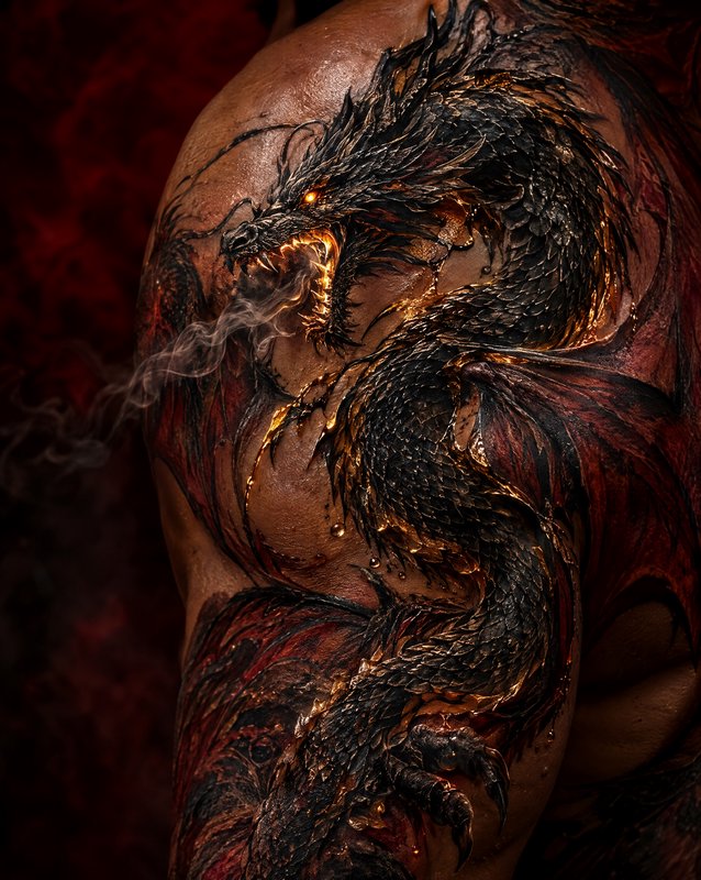 Hyper-realistic dark fantasy dragon shoulder tattoo with glowing gold accents and wispy smoke det...