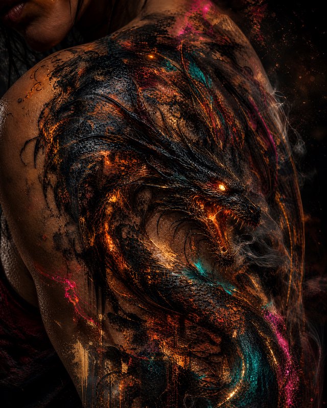 Intricate glowing coiled dark dragon tattoo spanning a person's shoulder, with fiery luminous eye...
