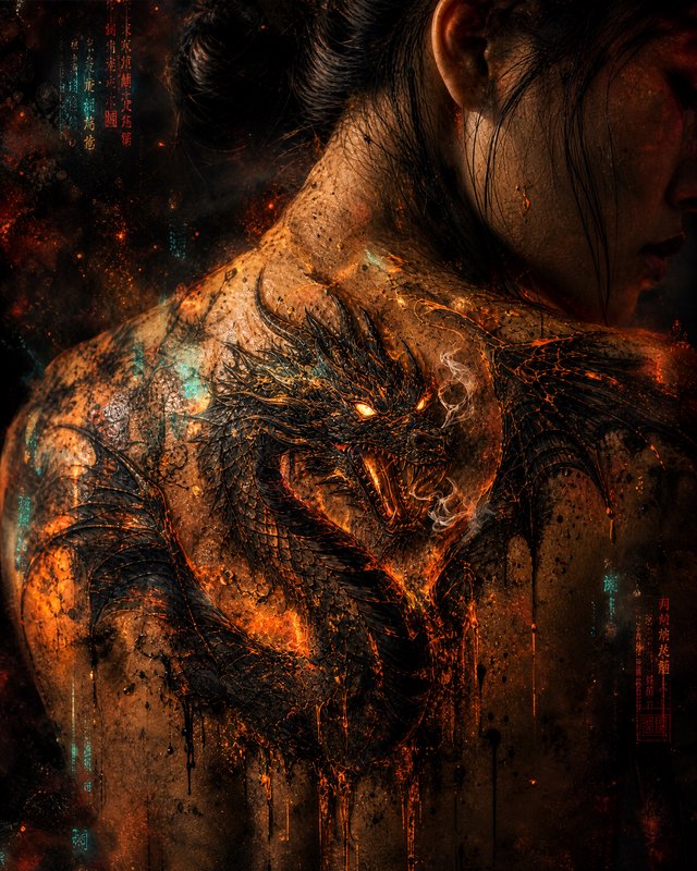 Close-up back view of a person with a glowing fiery mythic dragon tattoo spanning their upper bac...