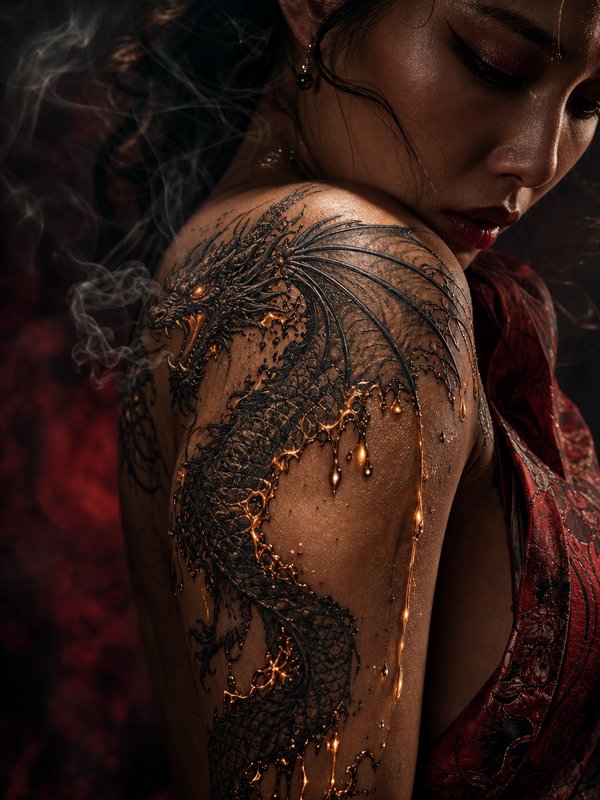 Close-up of a woman with an elaborate black dragon shoulder tattoo accented with dripping molten ...