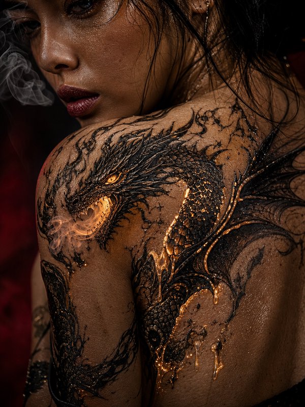 Close-up portrait of a woman with an intricate glowing black and gold dragon shoulder tattoo, smo...