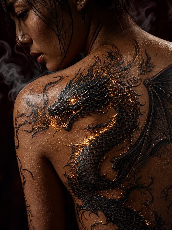 Close-up profile of a woman with glistening skin, showing an intricate glowing black and gold dra...