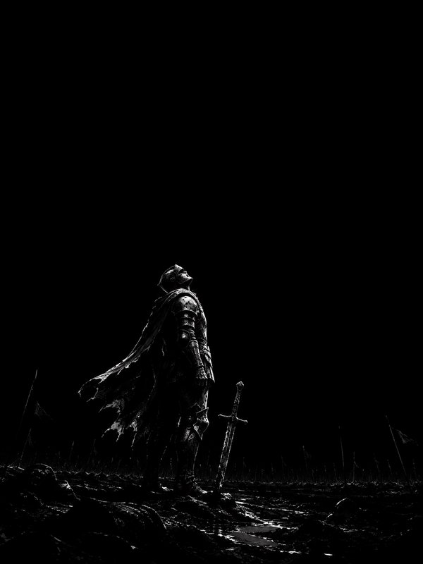 High contrast monochrome illustration of an armored knight standing on a battlefield, gazing up n...