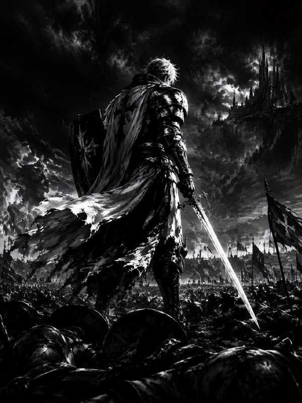 Monochrome fantasy art of a lone armored knight holding a sword, standing on a battlefield facing...