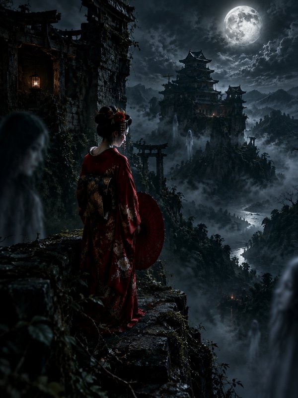 Geisha in red kimono stands on misty cliff overlooking a Japanese castle, surrounded by ghostly s...