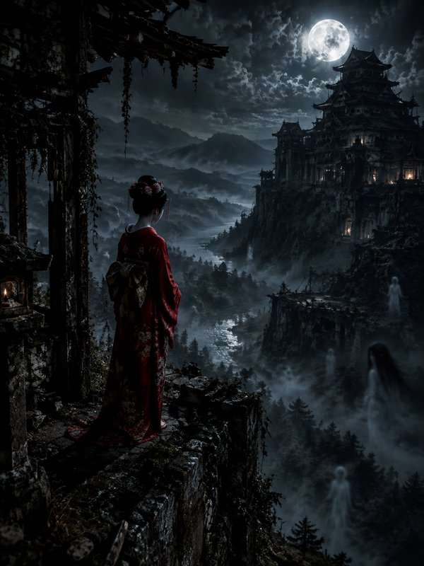 Lone geisha in red kimono stands on a cliff ledge overlooking a haunted Japanese castle under a f...