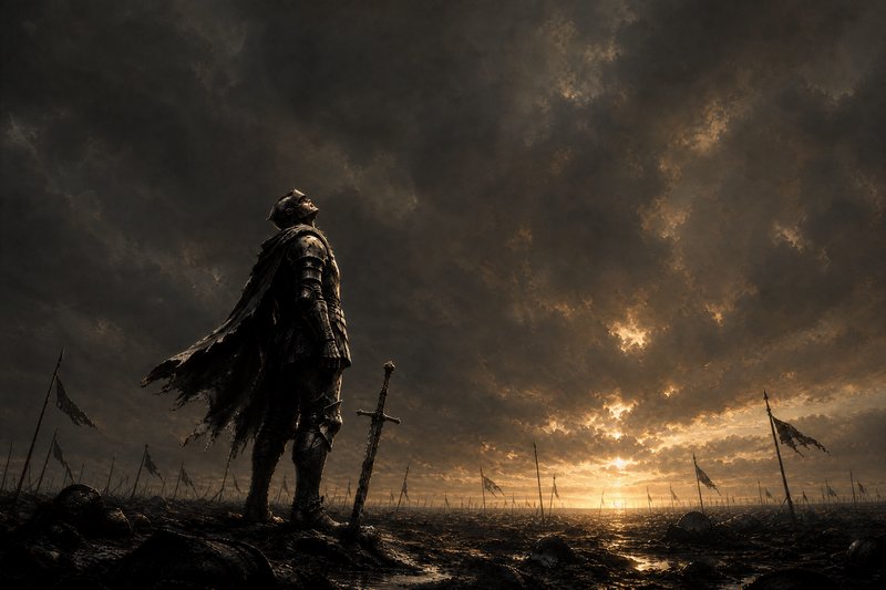 Lone armored medieval knight stands on a post-battle battlefield, gazing upward with a planted gr...