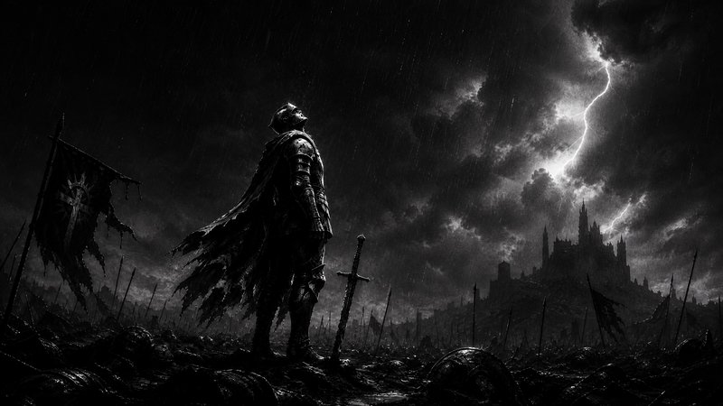 Lone armored knight stands on a post-battle battlefield, looking up at lightning in a storm sky, ...