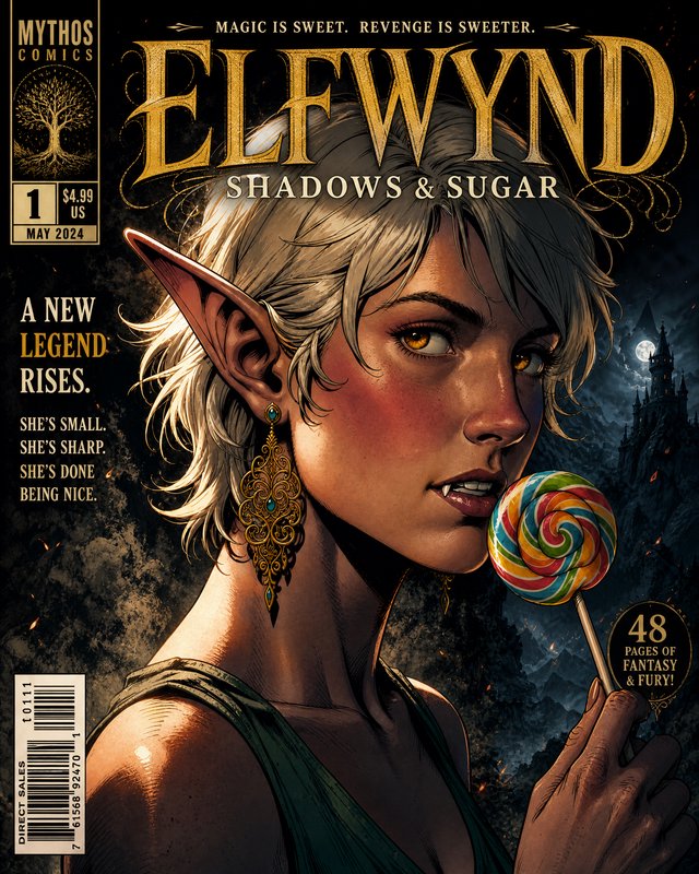 Comic cover for Elfwyd: Shadows & Sugar #1, featuring a silver-haired elf holding a rainbow lolli...