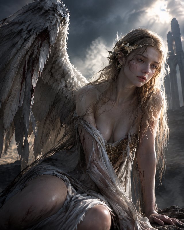 Mournful injured fallen angel with bloodied tattered wings sits wearily before gothic ruins under...
