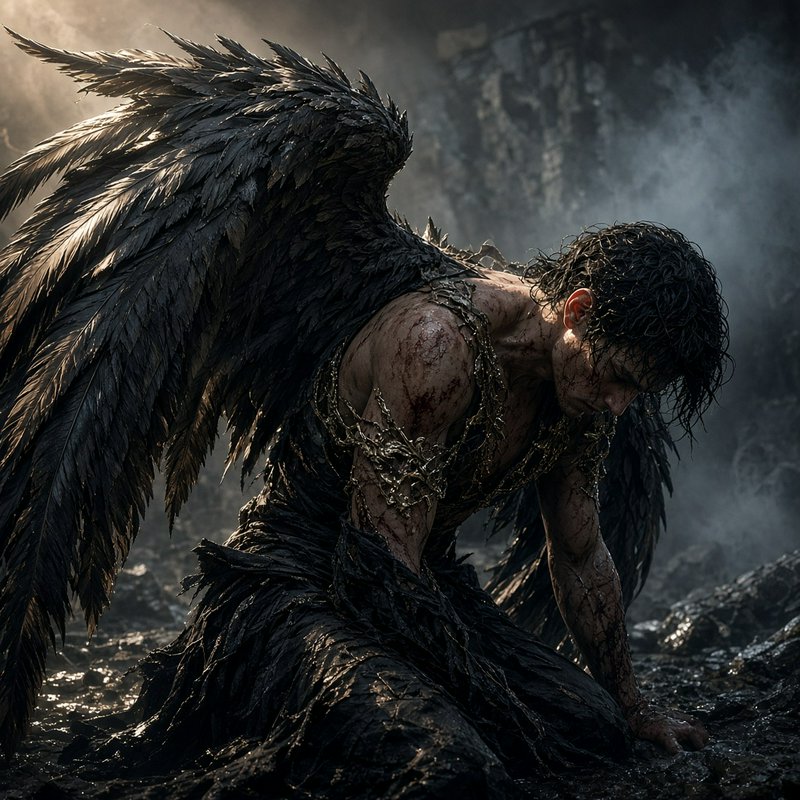 Wounded fallen dark angel with large black wings kneels bowed on misty, desolate rocky ground, he...