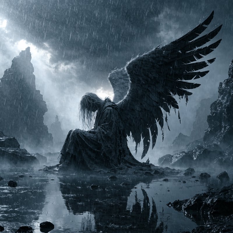 Hunched fallen dark angel with tattered black wings sits in a stormy rain-soaked desolate rocky l...