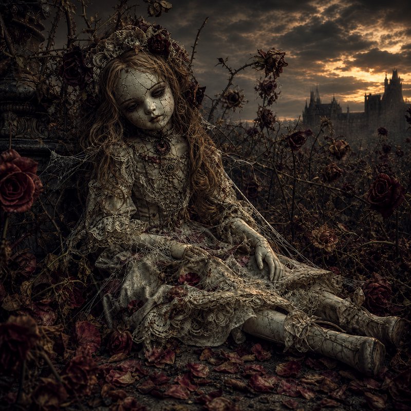 Cracked antique porcelain doll tangled in cobwebs sits among wilted dark roses, with a distant go...