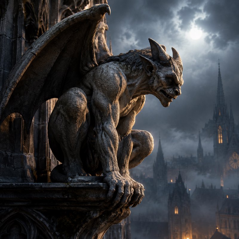 Crouched carved stone gargoyle perched on a Gothic cathedral ledge under a stormy moonlit night sky