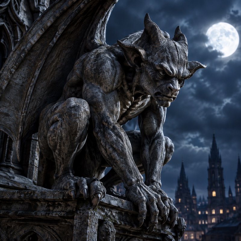 Crouched weathered stone gargoyle statue perched on a gothic cathedral ledge under a glowing full...