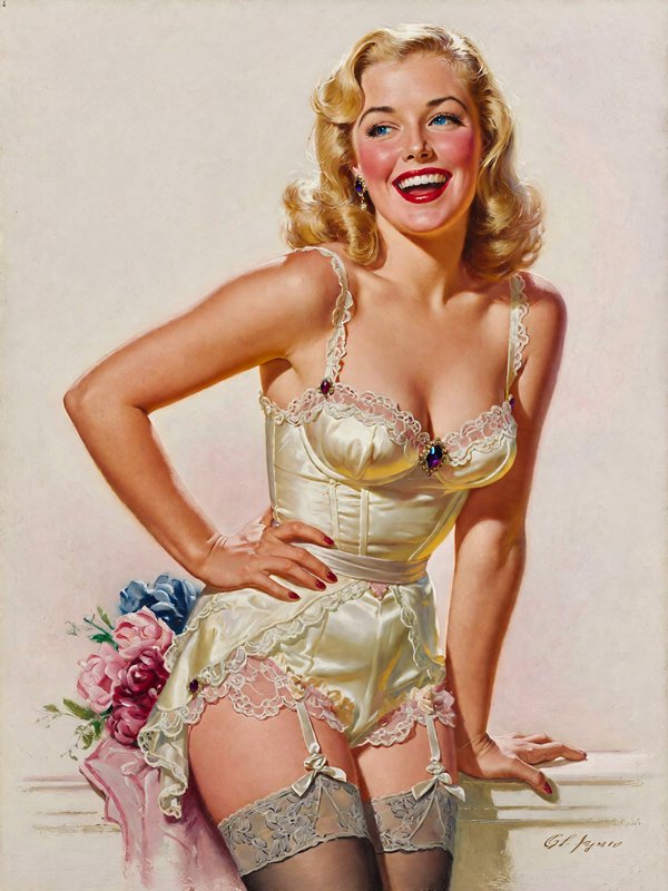 Classic Gil Elvgren vintage pin-up art of a smiling blonde woman in cream lace satin lingerie pos...