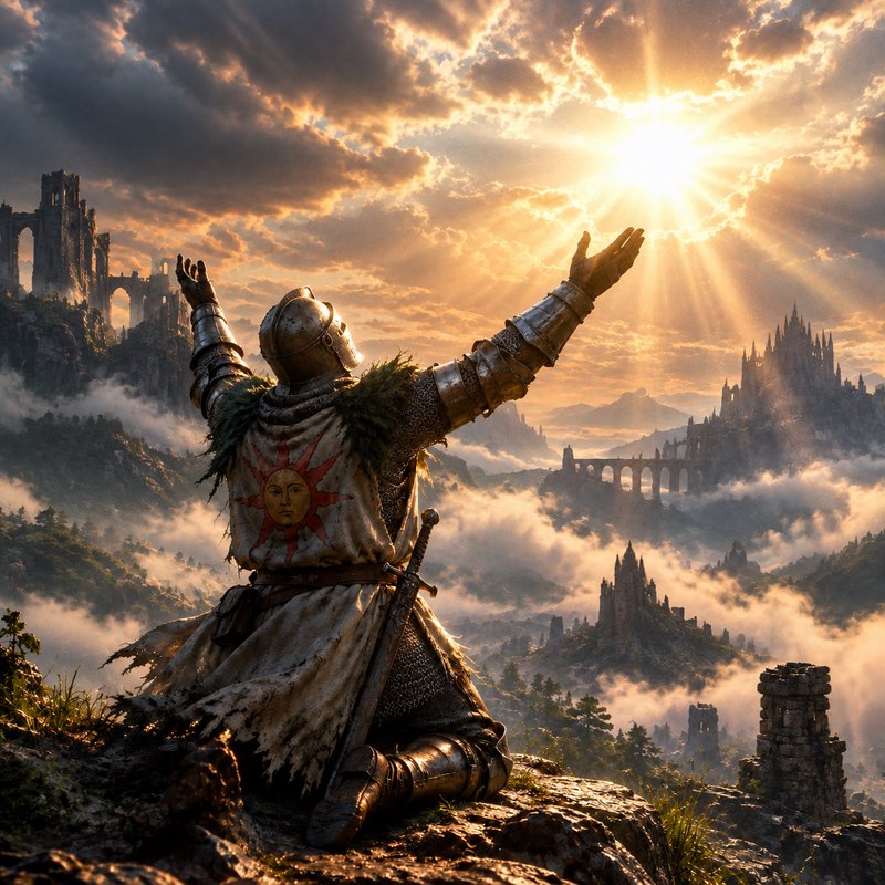 Kneeling armored Sun Knight raises arms in worship of a golden sunrise overlooking misty fantasy ...