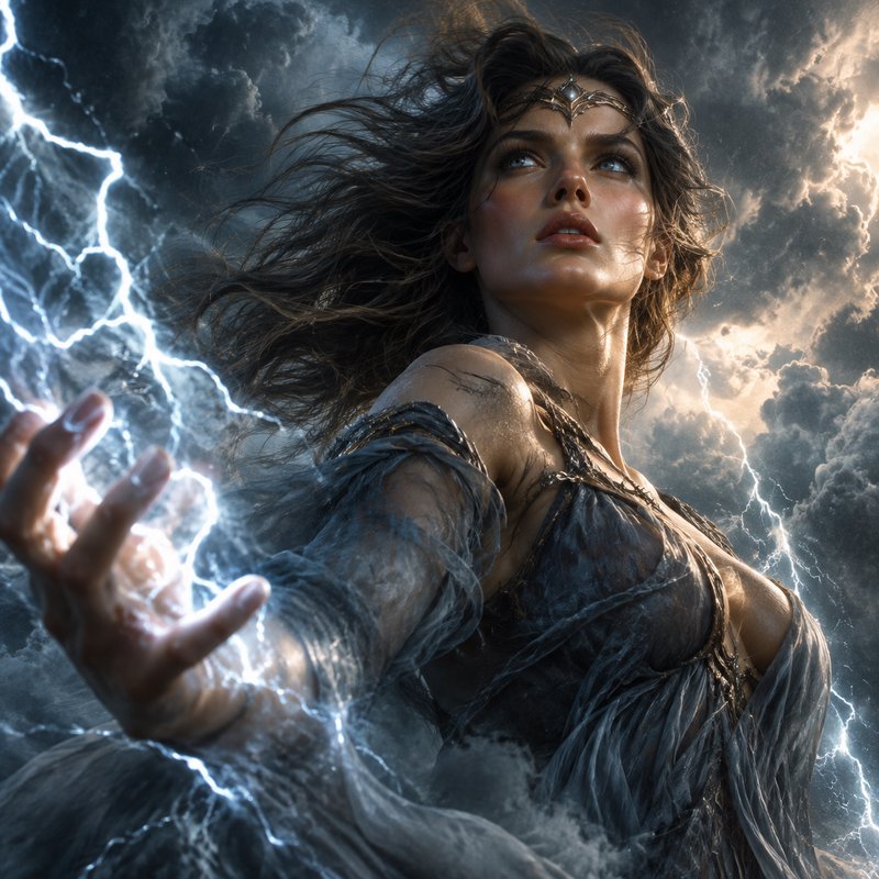 Powerful fantasy storm goddess conjures crackling lightning from her outstretched hand beneath ro...