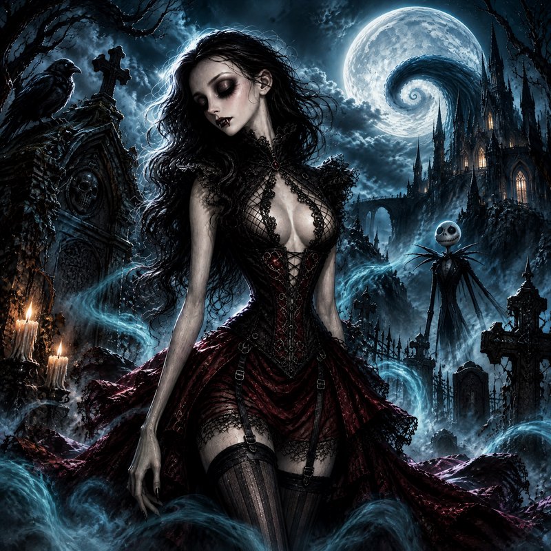 Gothic vampire woman stands in a misty graveyard beneath a swirling full moon, with a haunted cas...