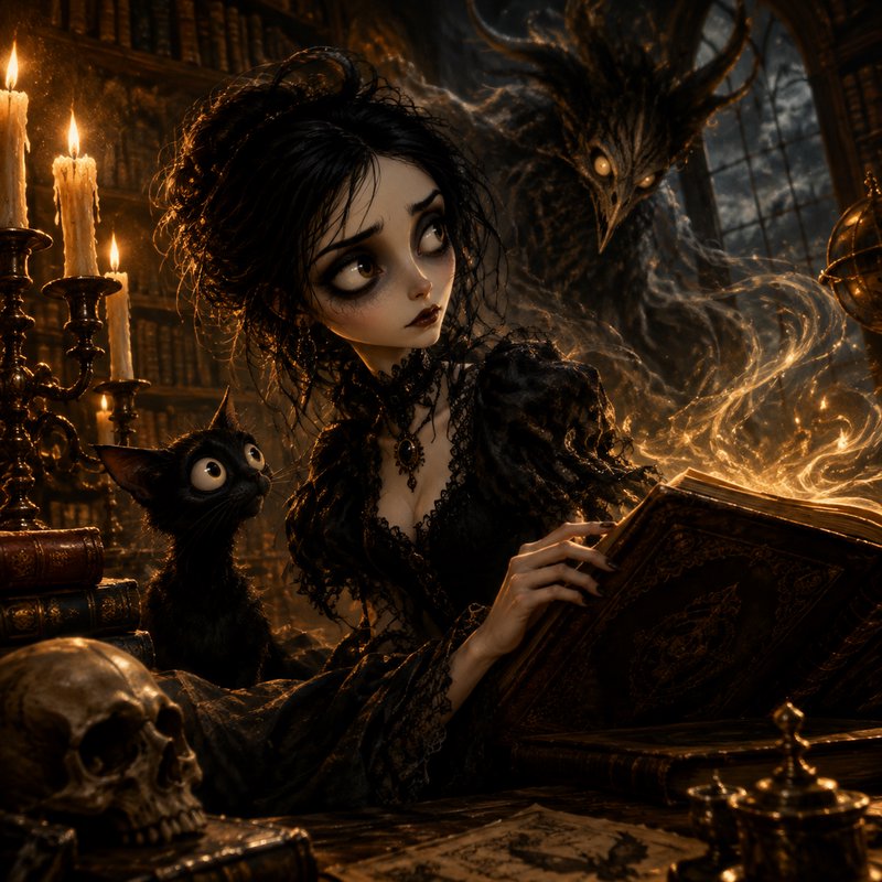 Gothic sorceress reads glowing spellbook with black cat as a horned demon looms in a candlelit oc...