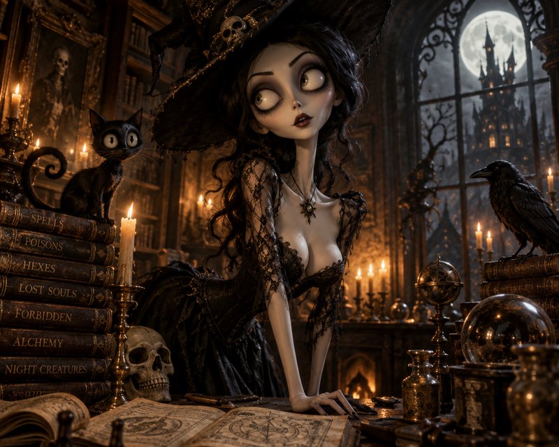 Stylized Tim Burton-esque gothic witch at a spell table, with black cat, raven, occult books, and...
