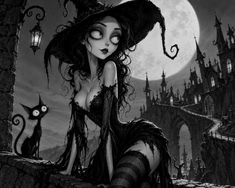 Tim Burton style gothic witch sits on stone parapet beside a black cat, full moon and spooky cast...