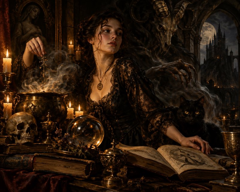 Young gothic witch casts an occult spell at a candlelit altar, with a horned spirit, black cat fa...