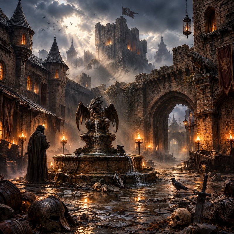 Lone hooded figure stands by a griffin fountain in a misty, torchlit medieval castle courtyard li...
