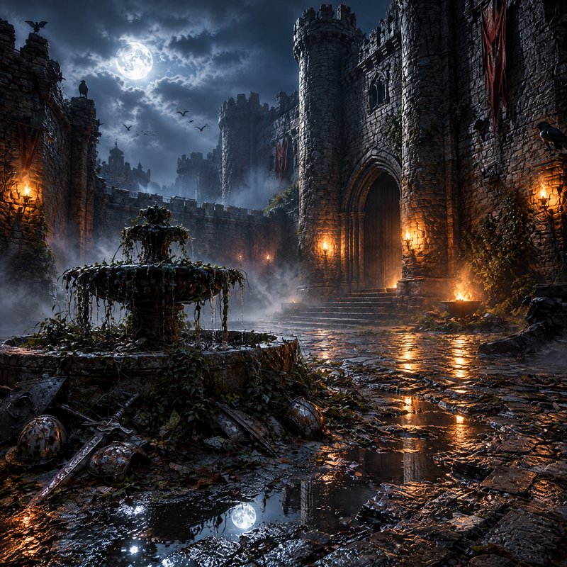 Misty medieval stone castle courtyard at full moon night, with overgrown fountain, glowing torche...
