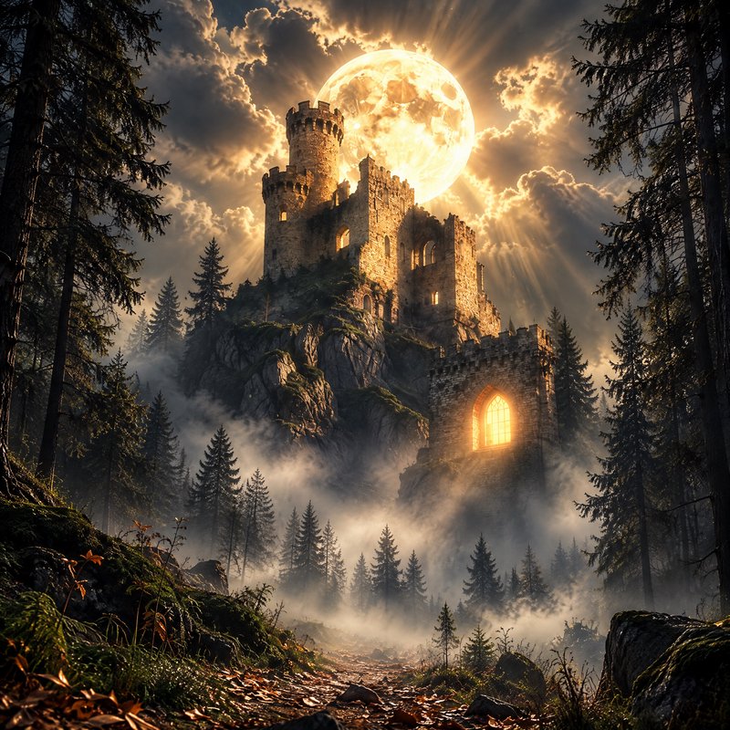 Ancient stone castle ruin perched on a misty pine forest cliff beneath a glowing giant full moon ...