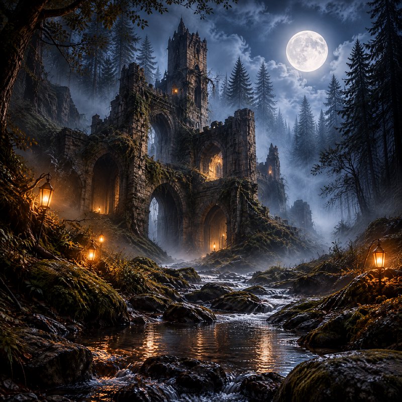 Overgrown medieval castle ruin arches over a rocky forest stream, lit by lanterns under a bright ...