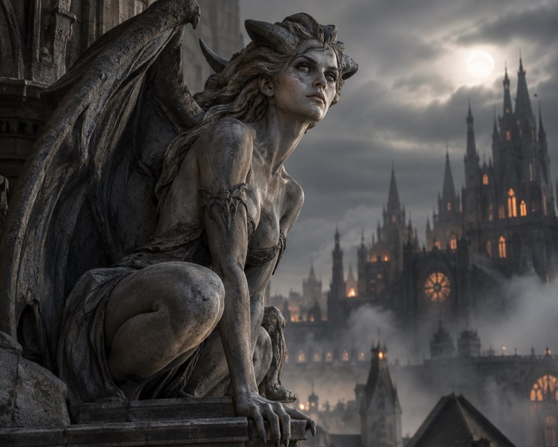 Weathered stone female gargoyle statue crouches on a gothic ledge, overlooking misty moonlit spir...