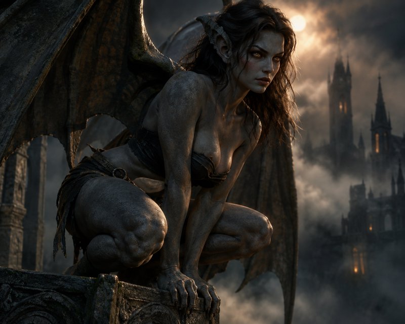 Crouching female gargoyle humanoid with bat wings perched on a gothic stone ledge, misty moonlit ...