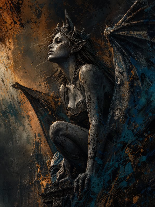 Crouching stone gargoyle elf queen with bat wings and horned crown, moody dark fantasy art with o...