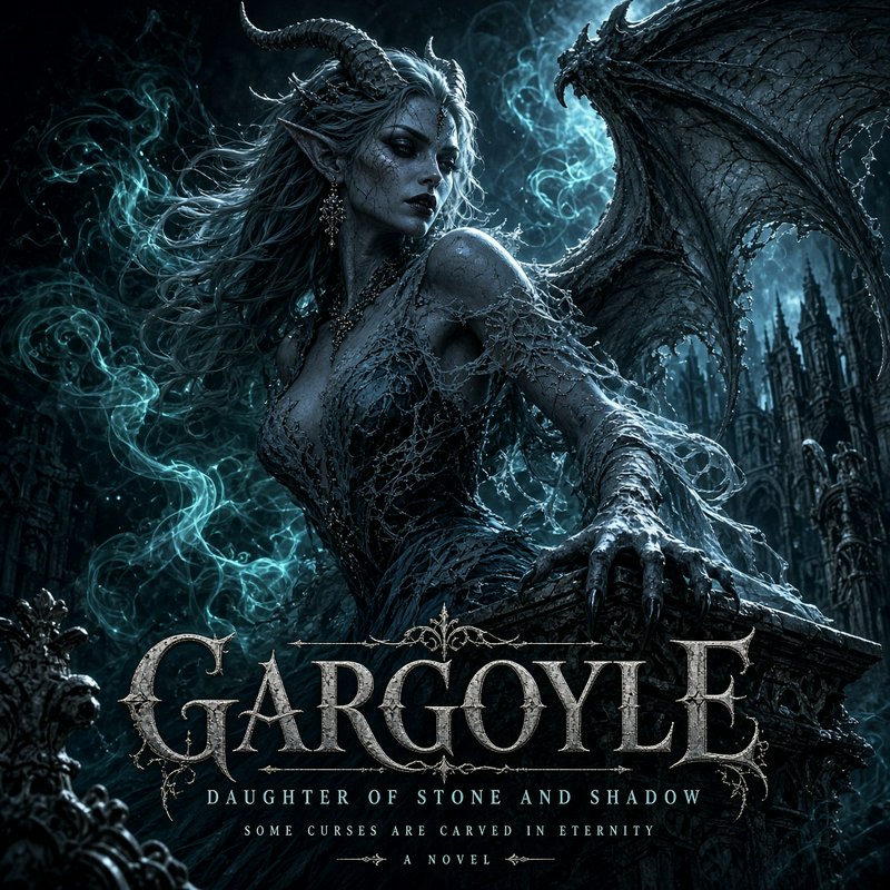 Dark fantasy novel cover featuring a horned, winged gargoyle heroine, swirling teal magic, gothic...