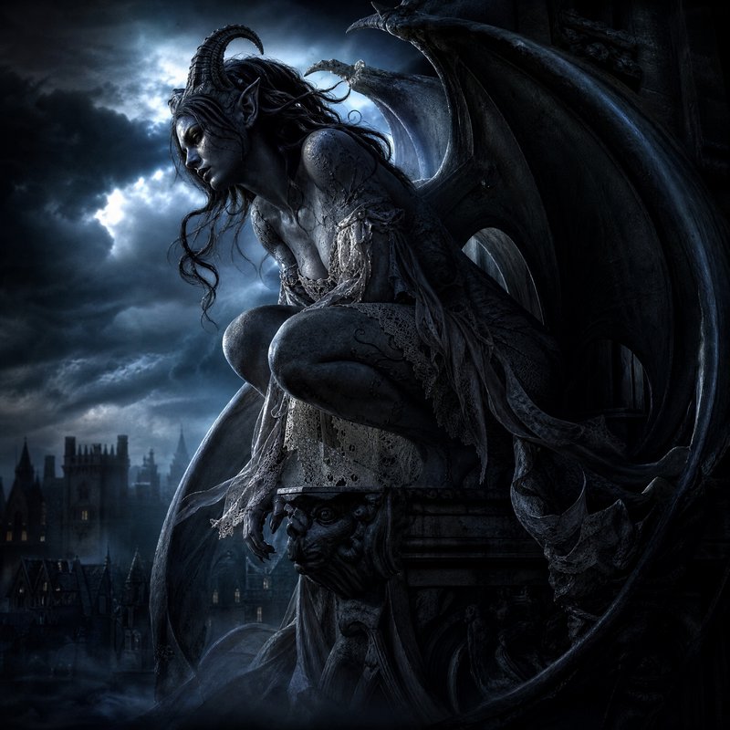 Winged horned dark fantasy gargoyle woman perched on a gothic cathedral ledge under stormy moonli...