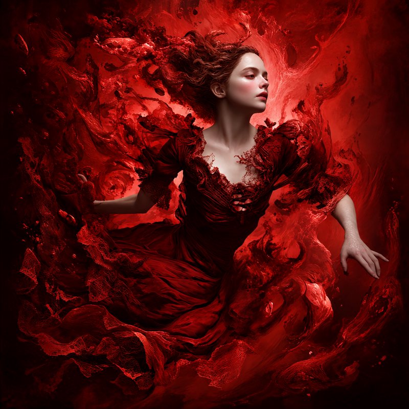 Serene woman in ornate red lace gown floats surrounded by swirling crimson abstract fluid forms, ...