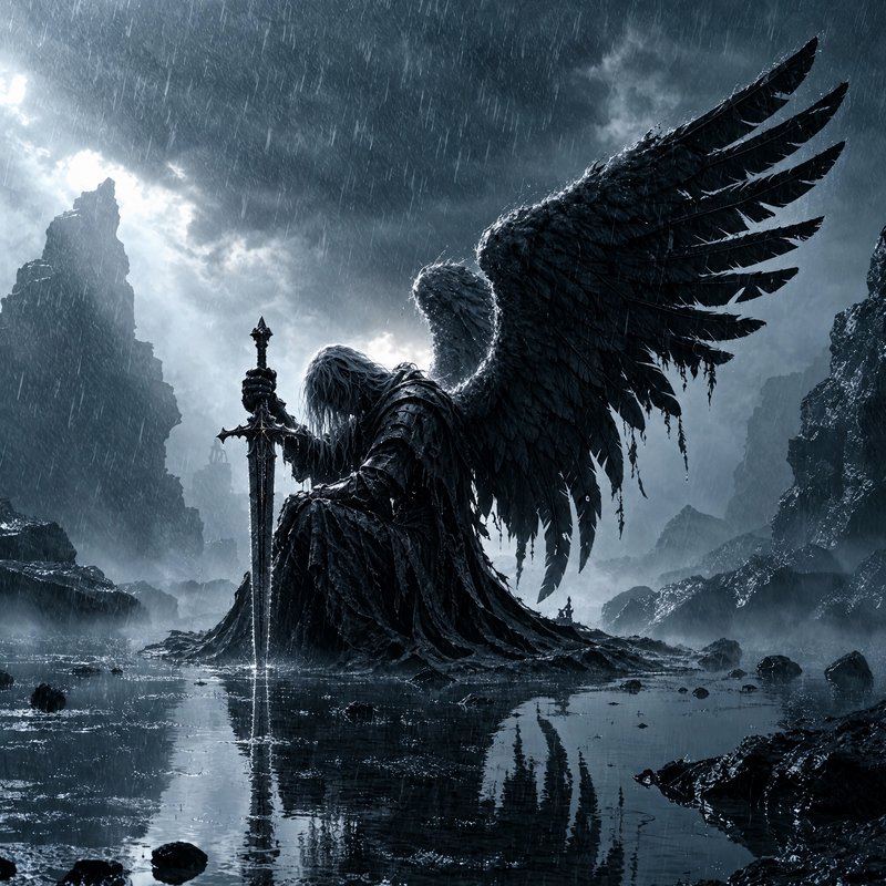 Kneeling fallen angel with tattered black wings leans on an ornate sword in a stormy, rain-soaked...