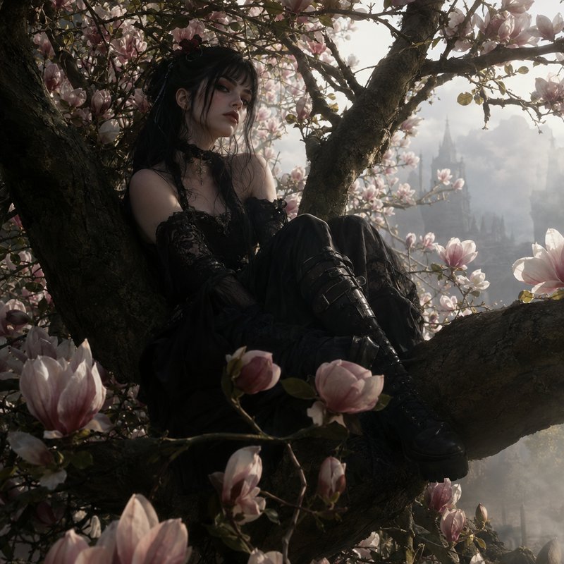 Gothic young woman in black lace sits perched in a blooming pink magnolia tree, misty gothic cast...