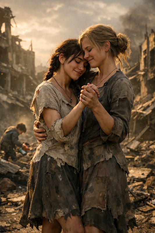 Two tenderly embracing women in tattered clothing stand amid war-torn city rubble at golden sunset.