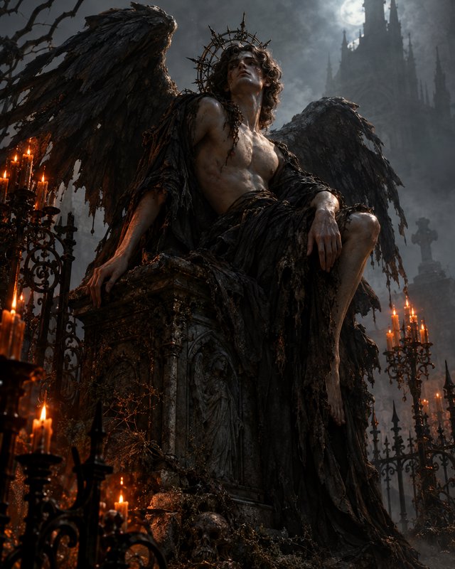 Fallen dark angel with black wings and thorn crown sits on an ornate gothic tomb in a misty candl...