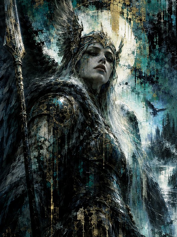 Textured painterly portrait of a Norse valkyrie warrior with winged helmet, spear, and glowing mo...