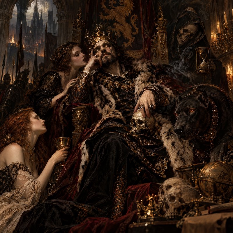 Weary crowned medieval king sits on an ornate throne surrounded by courtiers, skulls, and a skele...