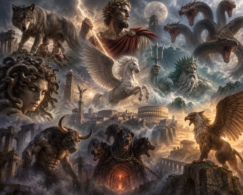 Collage of iconic Greek mythological gods, monsters, and legendary figures above an ancient mythi...