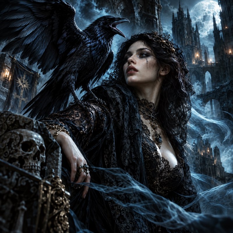 Gothic dark sorceress with a raven perched on her shoulder stands in a moonlit misty castle ruin